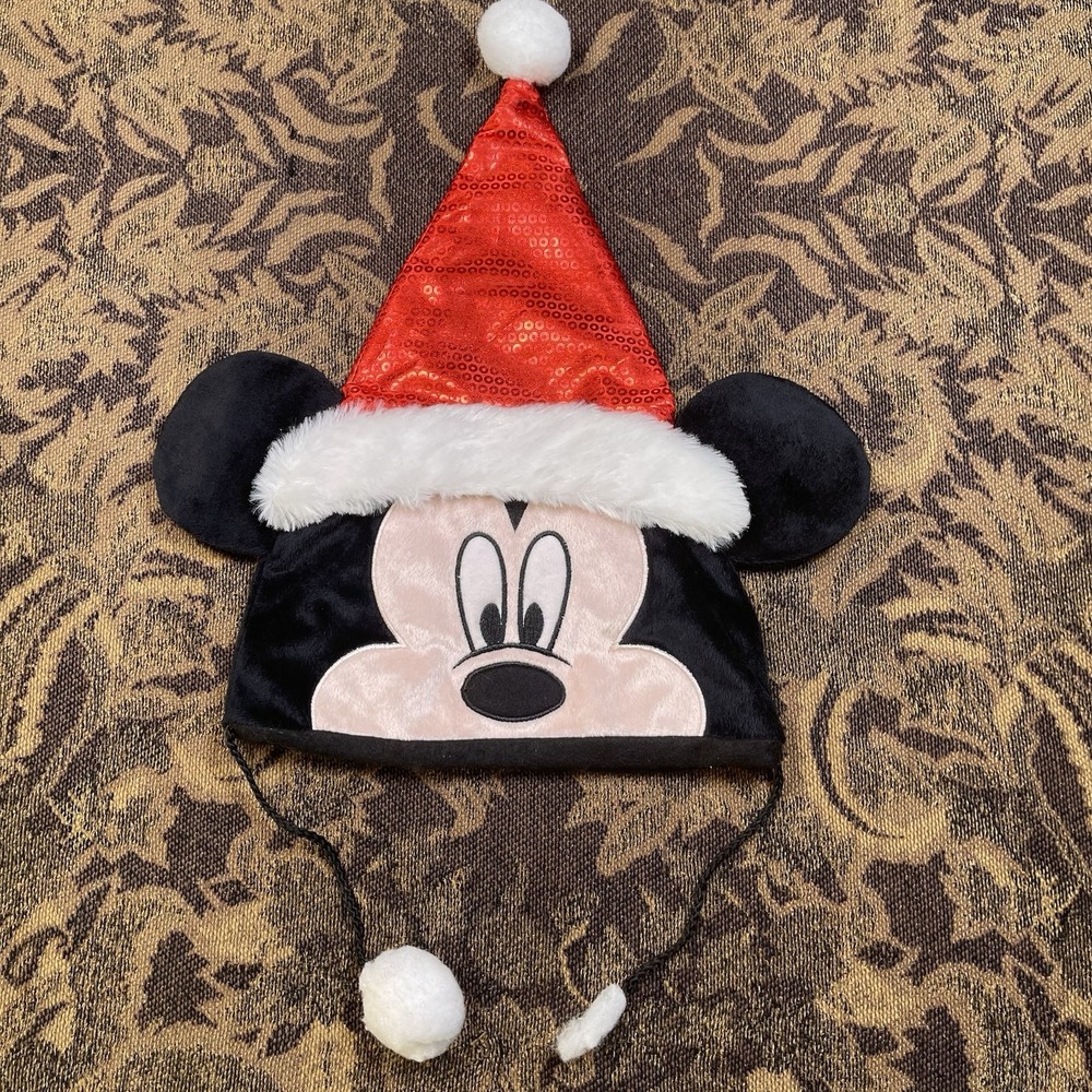 Disney Mickey Mouse Kids Santa hat Sequins Missing One fluff ball